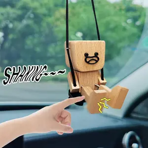 Shaking Wooden Man with Swing - 12Pcs Changeable Faces, Shaking Feet Wooden Doll for Car Dashboard Decorations, Funny & Creative Desktop Office Desk Decor