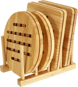 8 Pack Bamboo Trivets with Dish Rack - Bamboo Trivet Mat Hot Pads Trivet for Hot Dishes, Pot, Bowl, Teapot Coasters Set