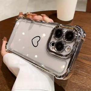 Electroplated Four Corner Anti-Fall Heart Pattern Phone Case for IPhone 16 Pro Max 15 Plus 14 13 12 11 E Shockproof Transparent Protective Cover