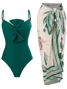 Women's Plain Twist Cami Bodysuit & Figure Print Knot Cover Up Skirt Swimwear Set, One-piece Swimsuit & Contrast Binding Swim Skirt, Ladies Summer Swimsuit Set, Swim Cover Ups, Backless Cover Up, Beach Cover Up