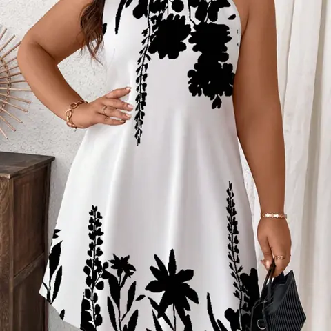 Casual Floral Pattern Halter Loose Short Bohemian Beach Sleeveless Dress, Plus Size Summer Fashion Dress, Comfortable and Stylish Dress for Women, Boho Summer Holiday