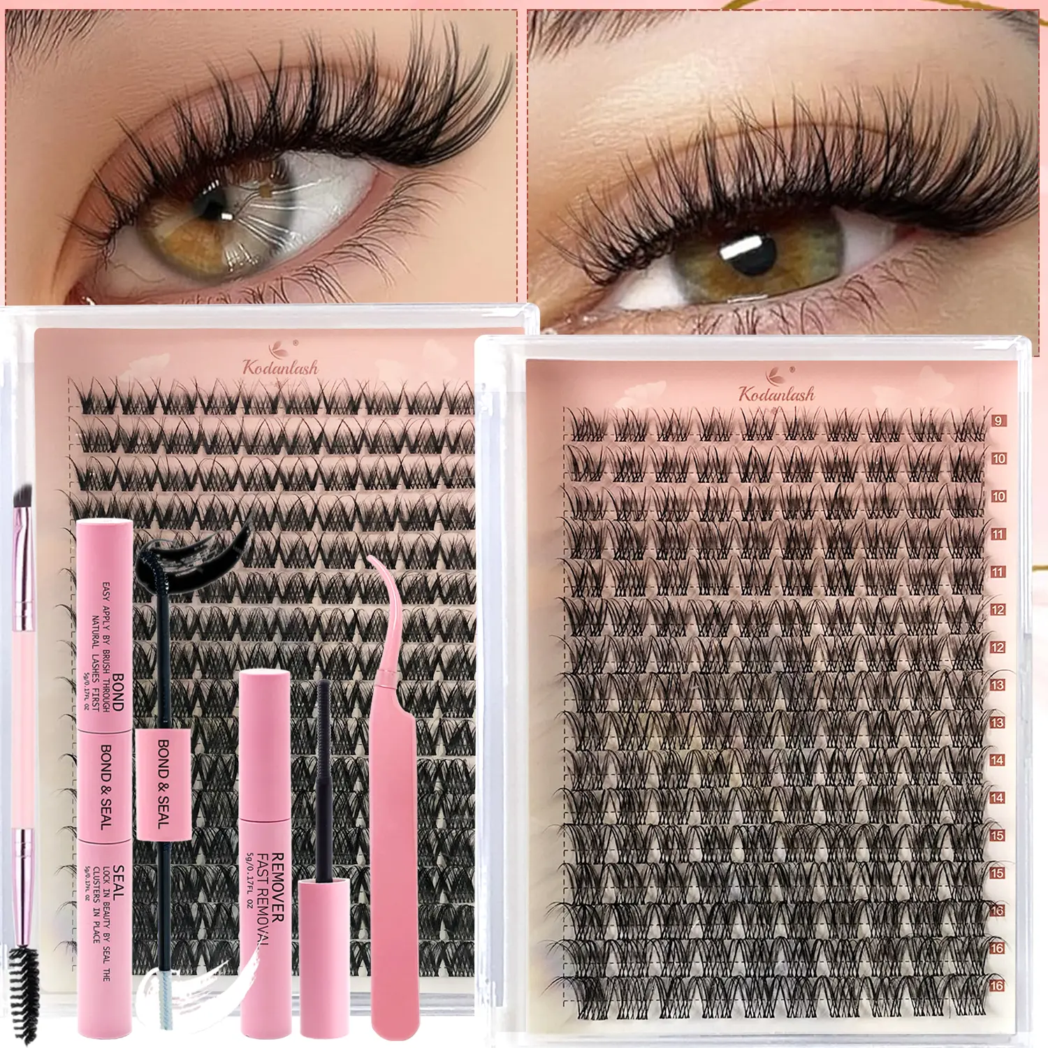 160PS D-Curl Invisible Thin Band Lash Clusters Kit Wispy Natural Cluster   Kit  Lash  Kit D Curl 9-16MM  Clusters Volume Individual Lashes Kit With Bond&Seal,Lash Remover voluminous look, Cosmetic Makeup Tool Makeup Brush Set, Mascara Brush,  Eyelashes