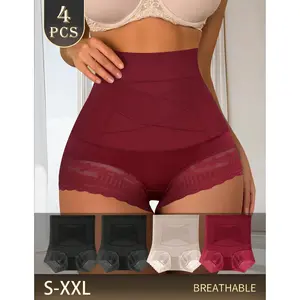 QUASTI 4 Pack Women’s High Waisted Tummy Control Panties, Lace Breathable Solid Color Hip Lifting Sexy Briefs, Crossover Design No Show Soft Stretchy for Everyday Wear, S-XXL