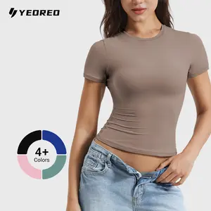 YEOREO Women Fitted Workout Tops Short Sleeve Double Lined Basic Y2K Going Out Crew Neck Compression Crop Top Womenswear basic tee Greenish