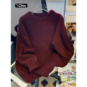 Autumn Winter Solid Color Round Neck Sweater, Casual Loose Fit Knitwear, High-End Lazy Style Pullover, Vintage Slimming Top, Red