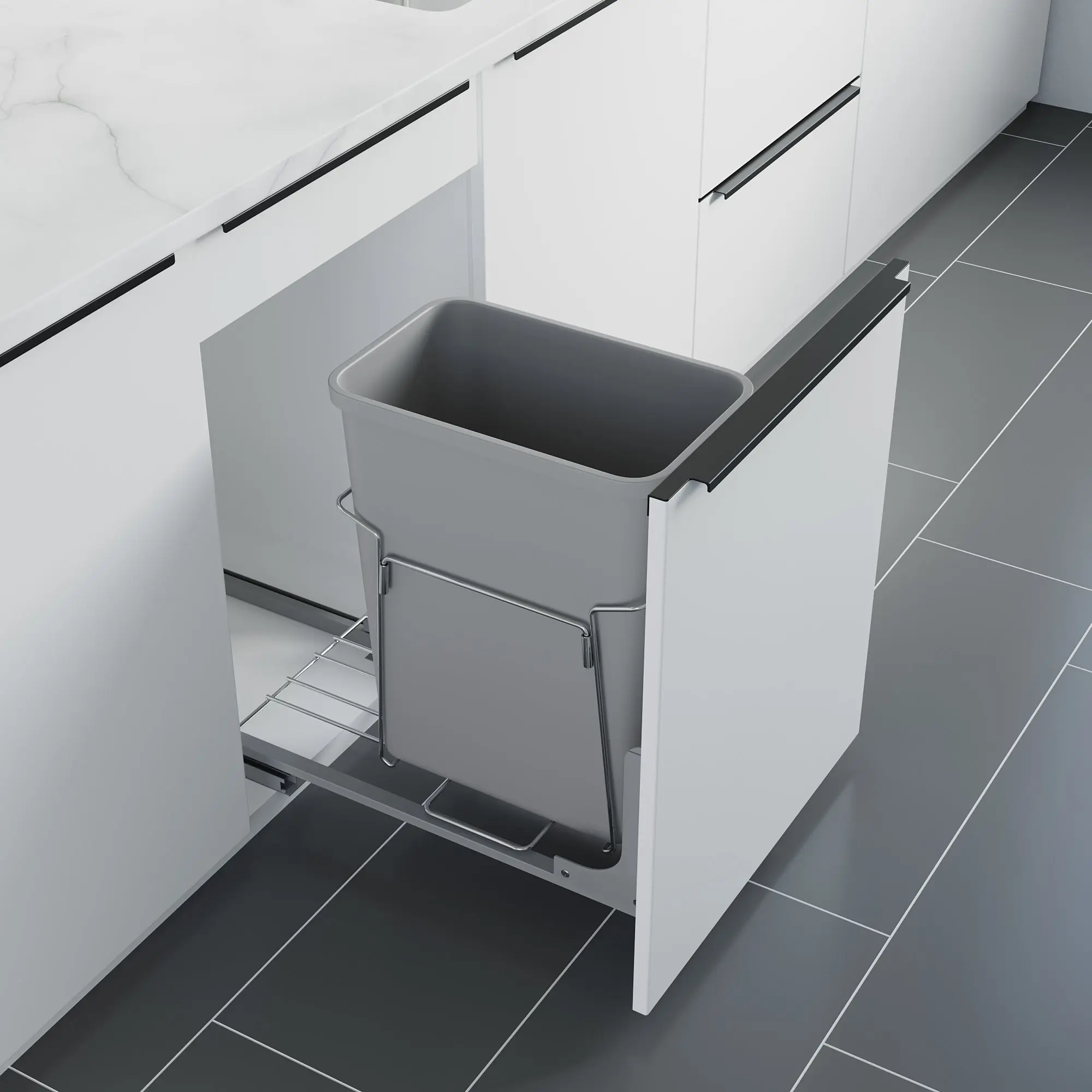 Dowell 15" Single Aluminum Base Wastebasket Pull Out with Full Extension Soft-Close Slides, Bottom Mount