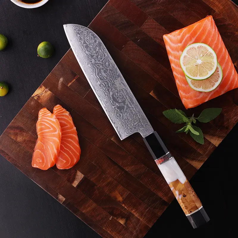 FINDKING Black Rose Series, 7 Inch Japaneses Santoku Knife, AUS-10 Damascus Steel, Razor-Sharp Blade with Rose Pattern ,Resin Burl Wooden Buffalo Horn Handle, Professional Kitchen Chef Knife, Cutting for Fish Meat Vegetable Fruit