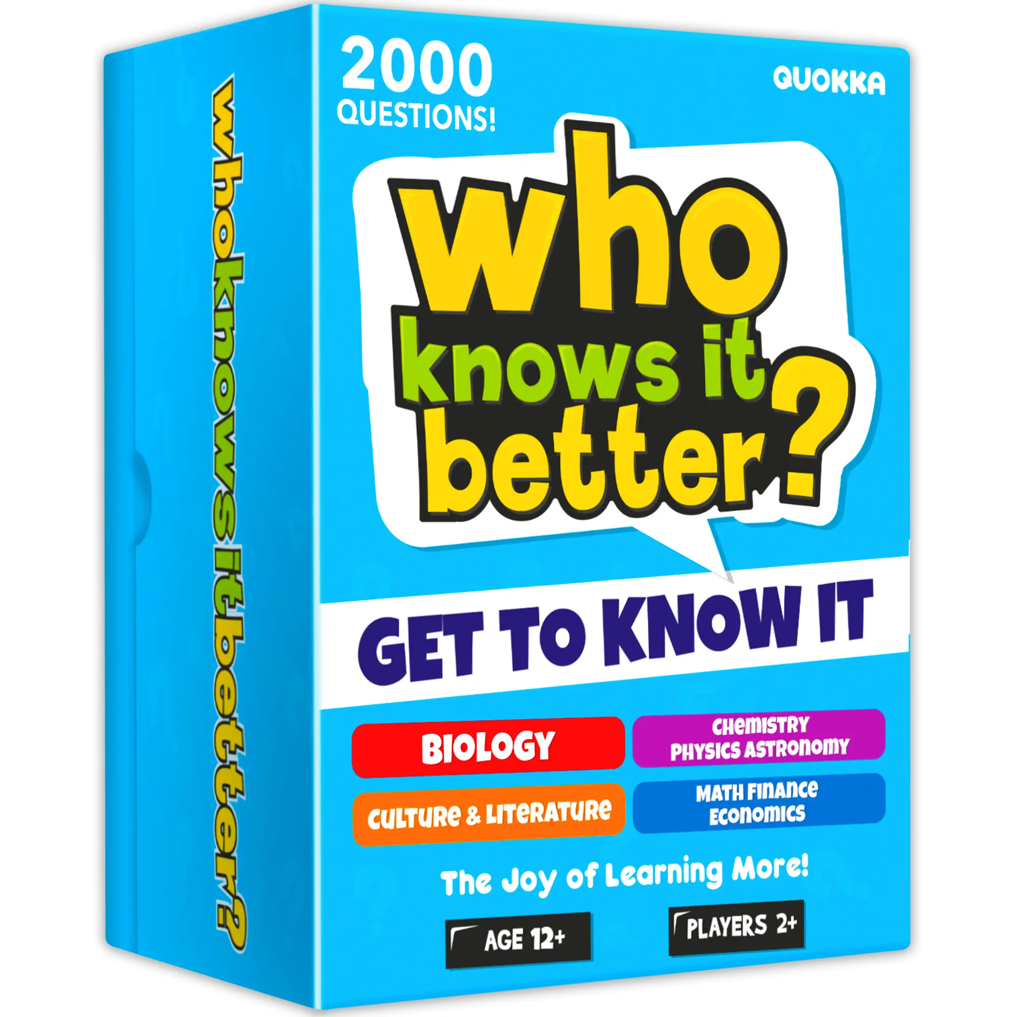 QUOKKA "Who Knows It Better?" Trivia Card Set - 4 Cardboard Card Packs, 2000+ Q&A (Biology, Culture, STEM, Math), Educational Family Games for Ages 12+, Cardboard Cards