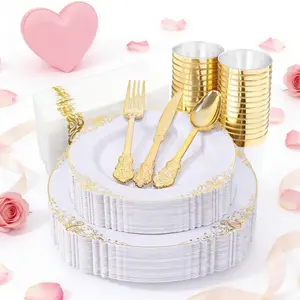 150-Piece & Cutlery Set, Baroque Style Gold Embossed Edges, Heavyweight Reusable Dining Utensils for 20 Guests, Gold Dinnerware Sets