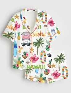 Women’s Hawaii Travel Pajama Set, Tropical Short Sleeve Satin Pajamas, Summer Beach Vacation Sleepwear
