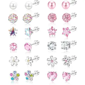 CASSIECA Small Earrings Set, Stainless Steel Hypoallergenic CZ Pieces with Butterfly, Flower, Heart Shaped Designs, Spiral Back Studs, Multicolored Stud Jewelry, Heart Shaped Earrings Summervibes