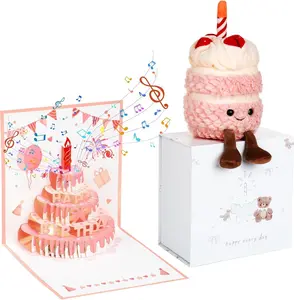 Birthday Cake Plush Toy Gifts for Women with LIGHTS&Recording,3D Pop Up Birthday Card Set-Soft Cuddly Cake Stuffed Animal Pillow,Christmas Ideas Gift,Birthday Gifts for Women Friends with Envelope
