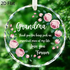 Grandma Quote Glass Ornament, "Thank You For Being Such An Important Piece Of My Life" 2D Flat Faceted Glass Hanging Decoration with Pink Roses, Sentimental Mother's Day & Birthday Gift for Grandma, Mothers Day Gift
