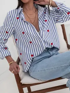 Blue Striped Heart Shirt Blouse, Loose Fit Turn-Down Collar, Sweet Cool Style, Perfect for Daily Wear, Casual Chic