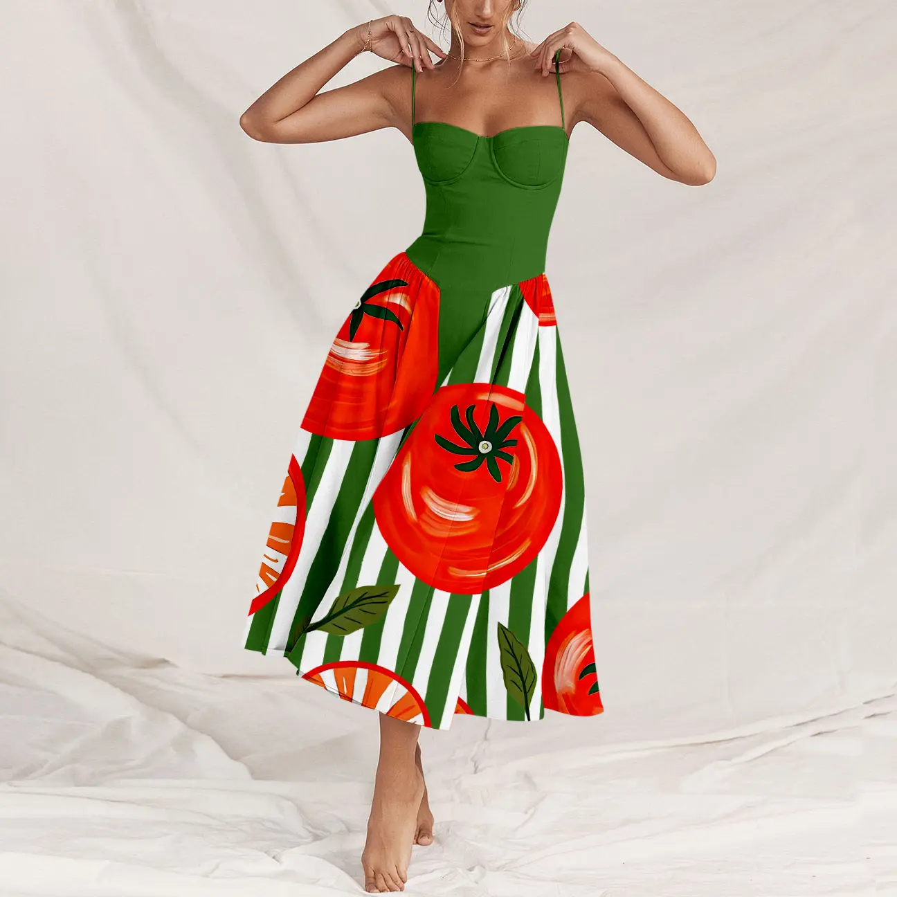 Tomato Stripe Print Sling Dress, Rural realistic style, painting art, natural and simple, elegant dresses, spring and summer clothing