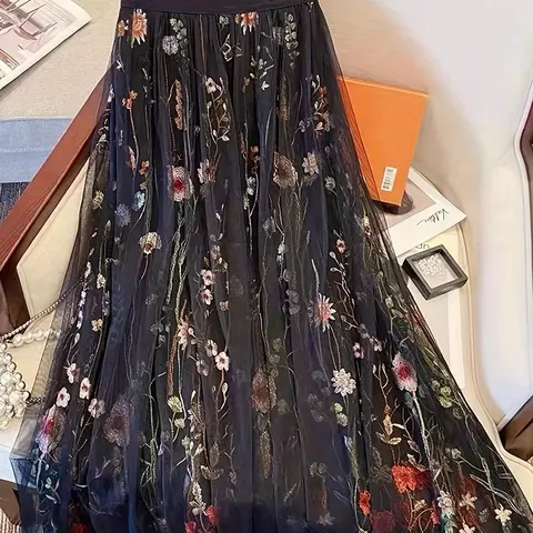 Women's Floral Embroidery Contrast Mesh Tiered Layer High Waist Skirt, Elegant Chic A Line Skirt for Wedding Guest Skirts Party Holiday, Ladies Bottoms for All Seasons Womenswear