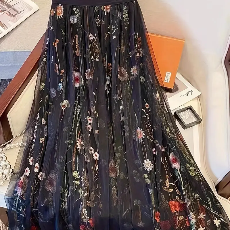 Women's Floral Embroidery Contrast Mesh Tiered Layer High Waist Skirt, Elegant Chic A Line Skirt for Wedding Guest Skirts Party Holiday, Ladies Bottoms for All Seasons Womenswear