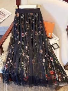 women's floral embroidery contrast mesh tiered layer vintage skirt, fall outfits, elegant a line long skirt for party holiday wedding guest, ladies bottoms, womenswear