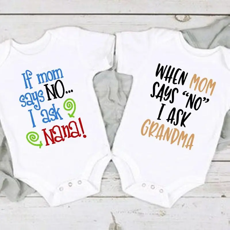 Baby 100% Cotton Fitted Envelope Neck Printed Text Slight Stretch Summer Jumpsuit, Funny "If Mom Says No I Ask Nana" Romper, Newborn Infant Kids Outfits, Baby Shower Gifts, Rompers, Bodysuits & One-Pieces