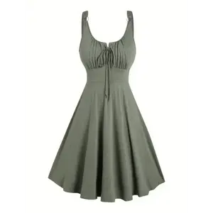 Women’s Plus Size Olive Green Sleeveless A-Line Dress with Thin Strap Detail – Casual, High-Waisted, Ruffled Hem for Spring/Summer, Casual Summer Dress | Ruffled Hem Dress | Polyester Fabric