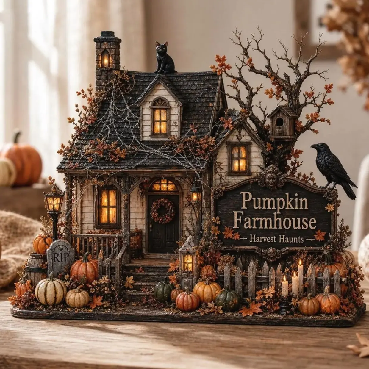 Pumpkin Farmhouse Wooden Block, Haunted Fall Cottage Decor, Spooky Halloween Shelf Sign, Rustic Harvest Home Gift, 2D Flat Printed