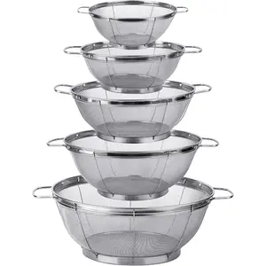 5 Pack 18/8 Stainless Steel Colander Sieves Multi Size Mesh Strainer Net Baskets with Handles & Resting Base for Strain Drain Rinse or Steam