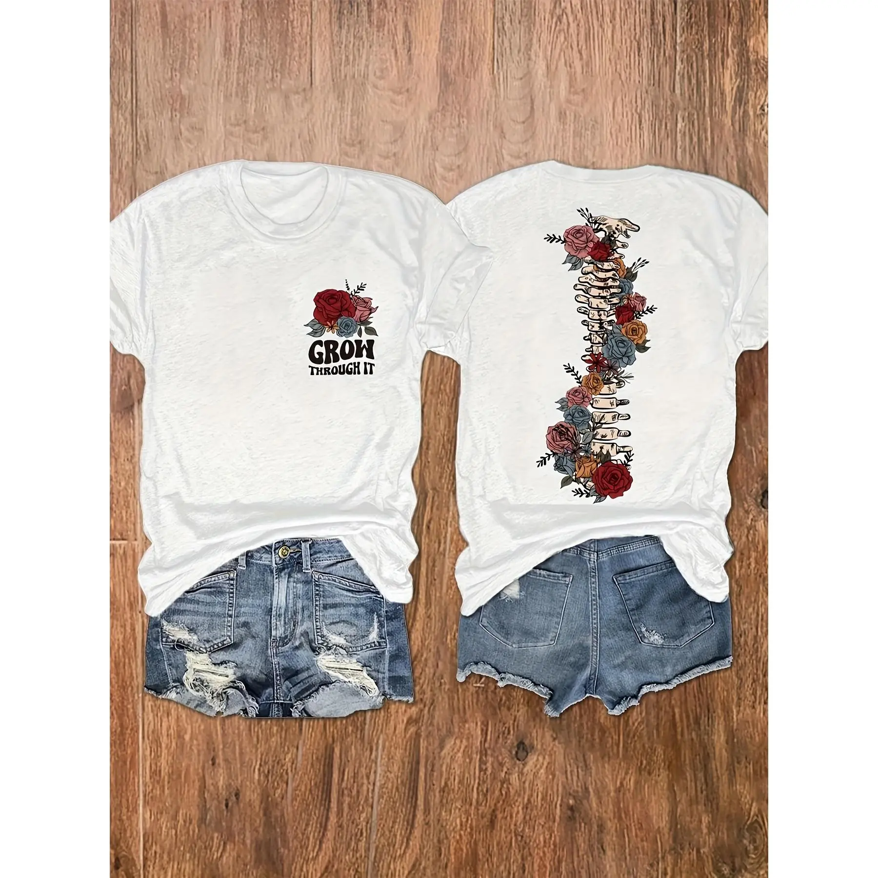 GROW THROUGH IT Graphic Print T-shirt, Short Sleeve Crew Neck Casual Top For Summer & Spring, Women'S Clothing