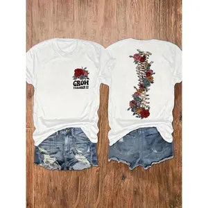 GROW THROUGH IT Graphic Print T-shirt, Short Sleeve Crew Neck Casual Top For Summer & Spring, Women'S Clothing