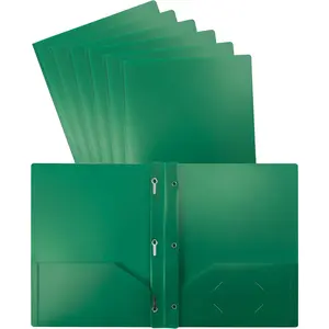 Green Plastic 2 Pocket Folders with Prongs, Heavyweight, Letter Size Poly Folders, 24 Pack, with 3 Metal Prongs Fastener Clips, Green