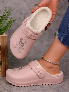 Women's Lightweight Eva Non-Slip Shoes, Adjustable Buckle Straps, All-Season Closure, Halloween Skull Print, Winter Warm Lining, Fluffy House Slippers