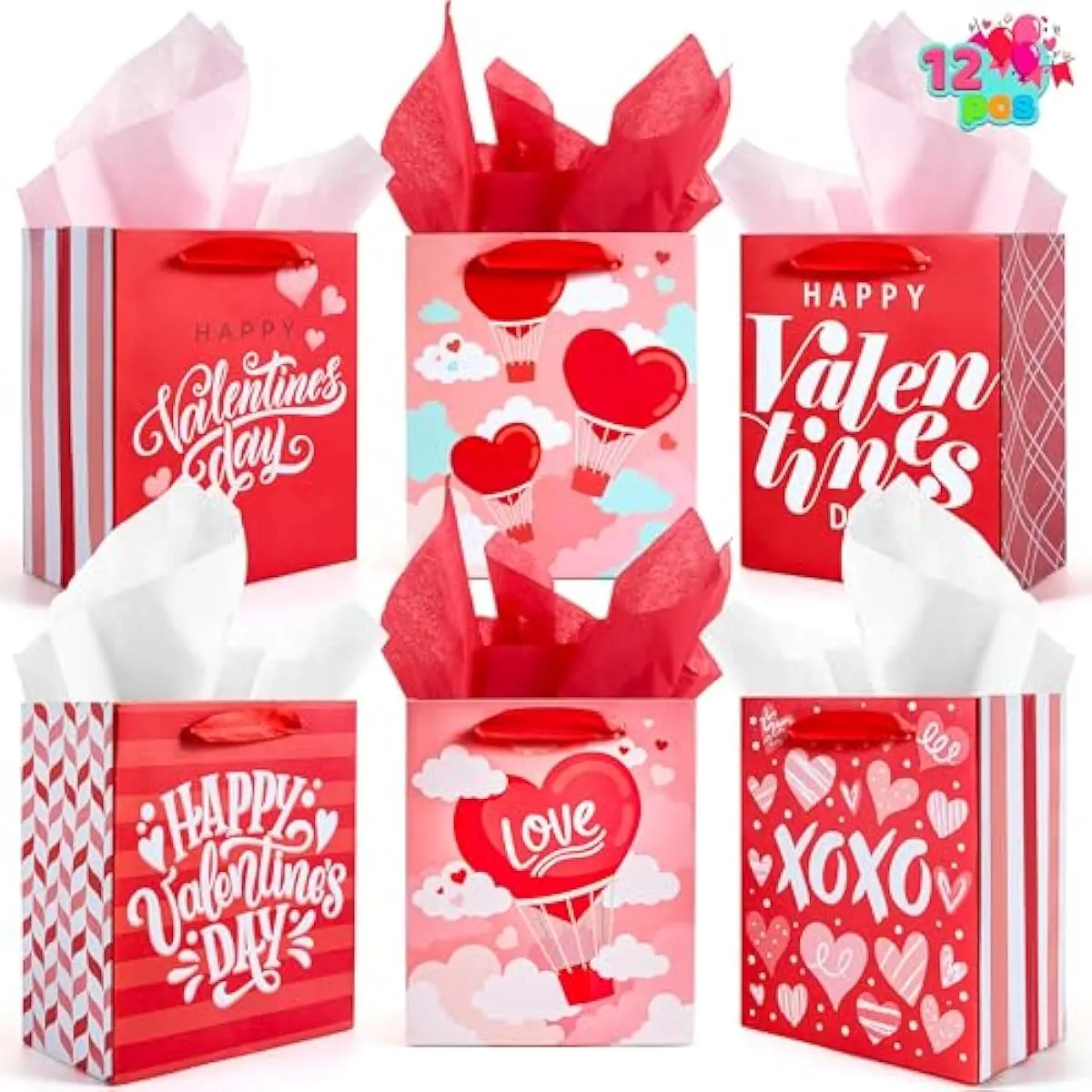JOYIN 12 Pcs Valentines Day Laminated Paper Gift Bags, 6.4" Gift Treat Bags With Ribbon Handles & 12 Tissue Sheets. 6 Festive Designs Candy Bags with Handle for Valentine Party Favors,Wedding Gifts