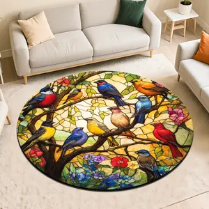 1 Pc Circular Floor Mat With Branches, Birds Theme Pattern, Suitable For Living Room, Kitchen, And Study, Soft, Must-Have For Families And Daily Home Use, Gift For Friends Family Who Love Nature And Animals,Christmas Home Decor, Thanksgiving Gifts