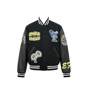 Men's Classic Varsity Coat - Black Multi, Ribbed Sleeves, Embroidered Floral Accent, Relaxed Fit, Menswear Fabric Top