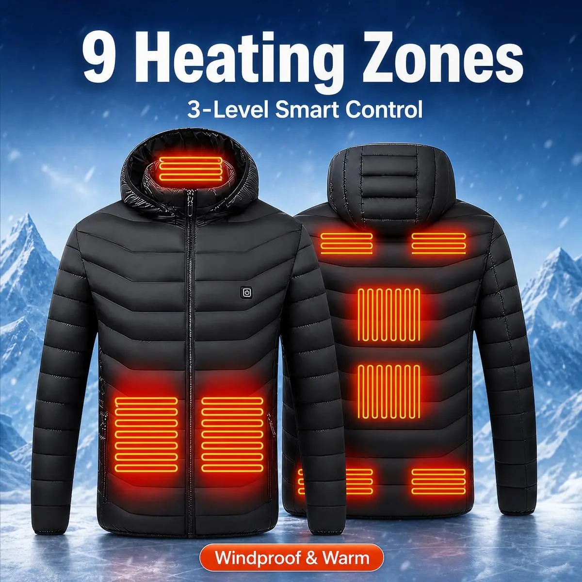 9 Heating Zones Thermal Heated Jacket for Men Women, Winter Electric Coat with 3 Heat Settings and Easy Control Switch, USB Powered Outerwear for Cold Weather Commuting, Outdoor Jobs, Fishing and Weekend Adventures.
