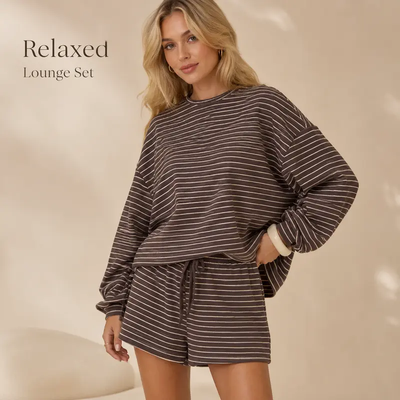 Women’s Striped 2 Piece Lounge Set, Oversized Crew Neck Long Sleeve Pullover Top & Elastic Waist Shorts, Relaxed Drop Shoulder Matching Outfit for Women, Casual Preppy Y2K Home Travel Vacation Weekend Fall Spring Streetwear Loungewear Co Ord Set