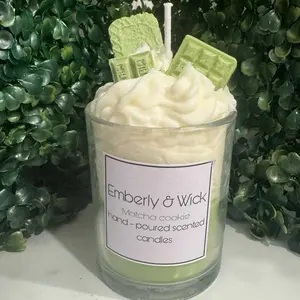 Emberly & Wick Matcha Cookie Hand-Poured Scented Candles with Whipped Cream Topper and Green Cookie Decor
