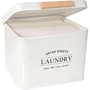 Dryer Sheet Holder with Hinged Lid for Laundry Room Organization, Metal Farmhouse Dryer Sheet Container, Laundry Room Decor and Accessories (Cream)