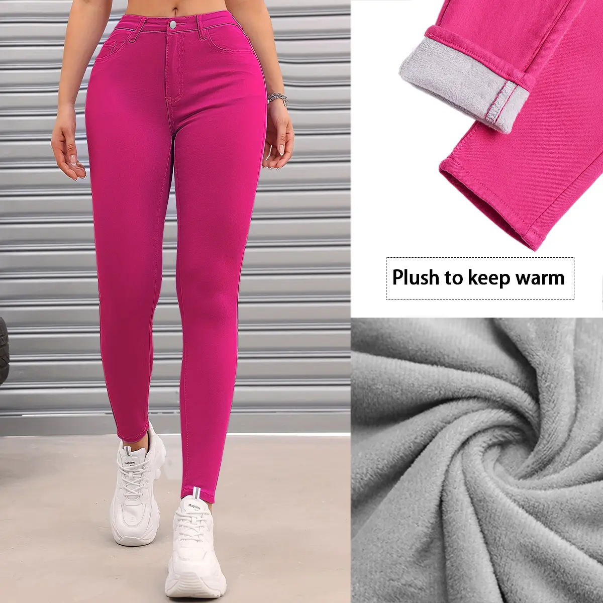 Trendy Hot Pink Fleece Lined Jeans - Women's High Waisted Skinny Denim Pants for Winter Comfort
