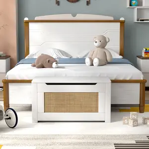 COSTWAY - Kids Rattan Toy Storage Box with Flip Top Lid and Safety Hinge Handles-White