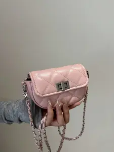Mini Round Crossbody Bag For Women, Fashionable Versatile Chain Strap Shoulder Handbag With Flap Closure ,Pink Bag