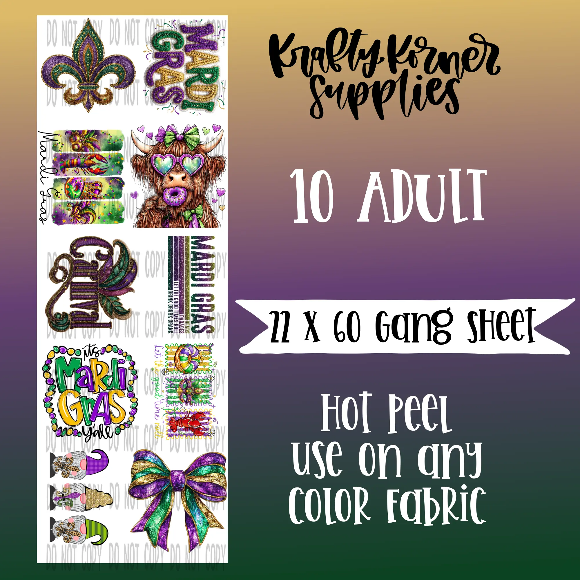Mardi Gras DTF Transfer Gang Sheet, 22 x 60