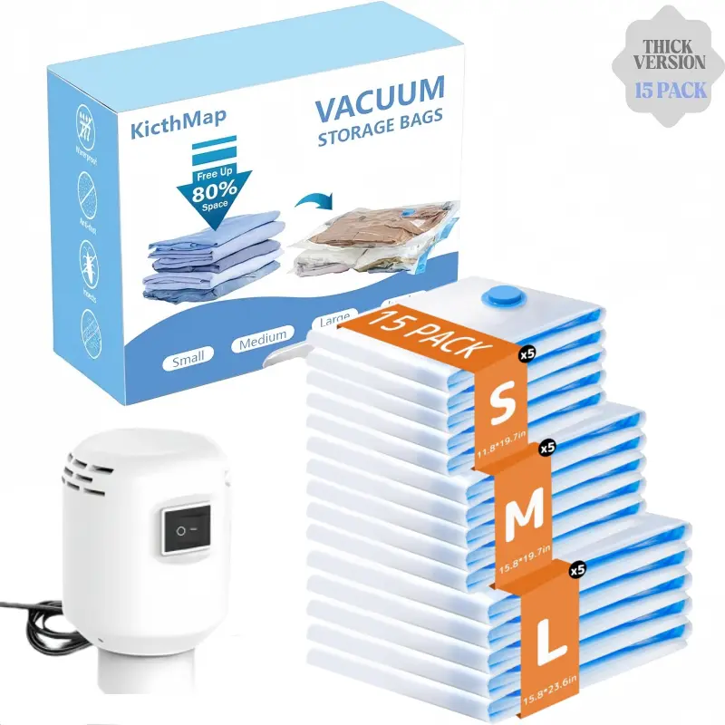 [2026 Upgraded] X7 Travel Vacuum Storage Compression Bag Set with air Pump 15 Pack Waterproof &Reusable Compression Packing Bags for 3Size, 140L/Min Powerful Air Removal,Perfect for Carry-On Suitcases Mother’s Day Gift Idea