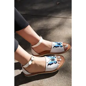 Morpho Open Toe Buckle Sandals for Women with Blue Butterfly Design and Leather Material for Comfort