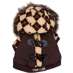 212 MAIN Large Fleece-Lined Argyle Print Pet Jacket, Designer Look Outerwear with Removable Hood, Thermal Insulation for Body Warmth - Brown