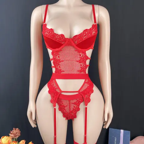 Women's High-End Floral Lacy Lace-Up Corset Jumpsuit Underwear Set - QC Rave Outfit, Comfort Belt, Steel Ring Thong, Euro-American Style, Tempting Romantic Gift avidlove lingerie sexy private party Sheer