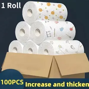 Extra Large Roll [100 Sheets] Disposable Dish Towels, Kitchen Paper, Absorbent Cloth, Reusable Cleaning Cloth, Non-Stick Oil Print, Wiping Cloth