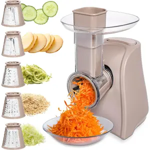 Kitchen 5-in-1 150W Electric Slicer Food Preparation Machine - Parmesan Shredder, Multi-Function Grater, Compact Warm Gray Design for Bowl Preparation