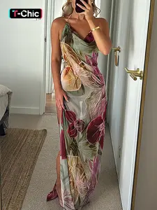 Women's Floral Print Boho Bohemian Backless Halter Neck Dress, Elegant Sleeveless  Party  Dresses, Ladies Clothes for Summer, Halter Strap Dress