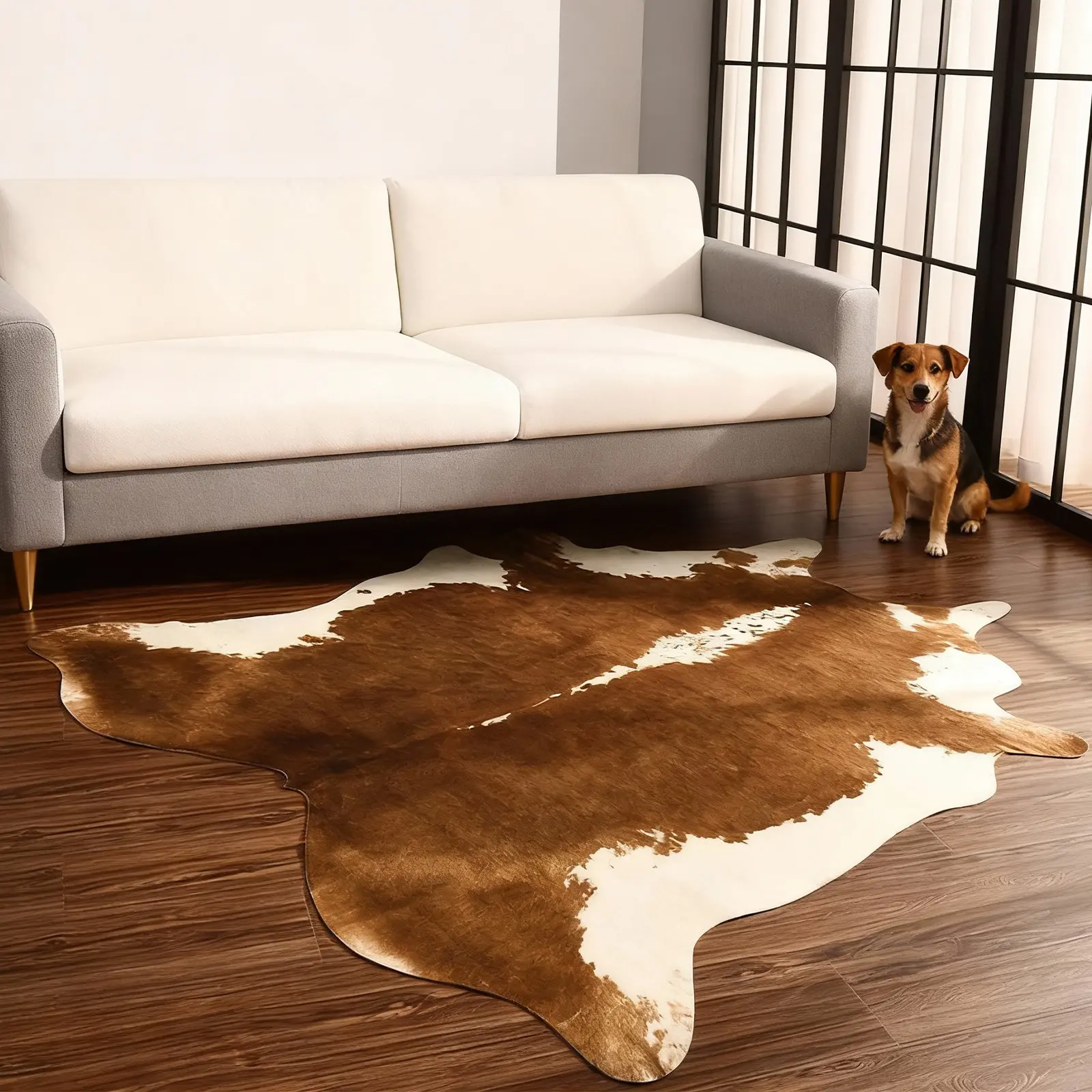 Western Themed Faux Cowhide Pattern Rug - Large Khaki Animal Carpet, Easy to Clean, Machine Washable, Vacuum Cleanable, for Living Room, Coffee Table Use