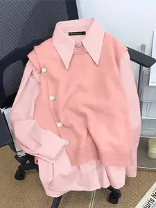 Women's Casual Loose Shirt Collar Long Sleeve Two-Piece Button Ribbed Patchwork Blouse Top, Stylish and Comfortable Hoodie for Daily Wear, Fabric, Womenswear, Boho Style Shirt